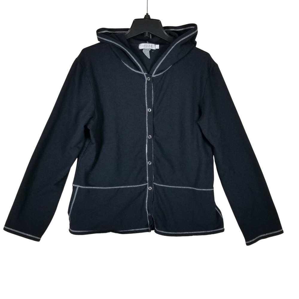 Fresh Produce Hooded Jacket Women Large Black Contrast Stitch Snap Front F149